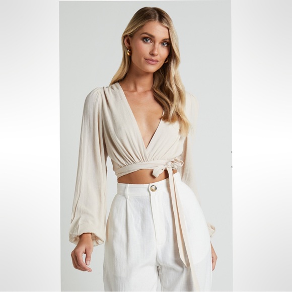 Showpo Sand Amaina Plunge Long Sleeve Wrap Top - Picture 1 of 2